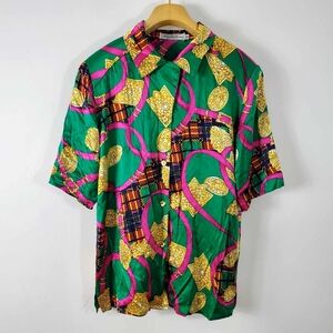 Vintage Saks Fifth Avenue 100% Silk Green Pink Gold Print Shirt Size 10
